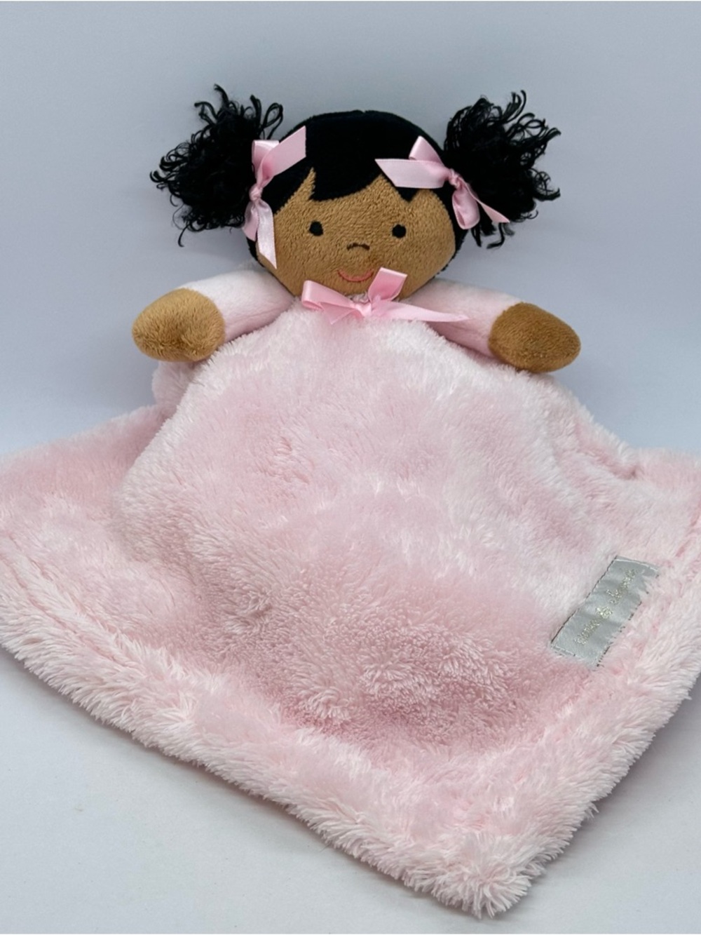 Blankets & Beyond Dark Skin Black Hair Doll Pink Lovey Security Blanket 16”x 16”